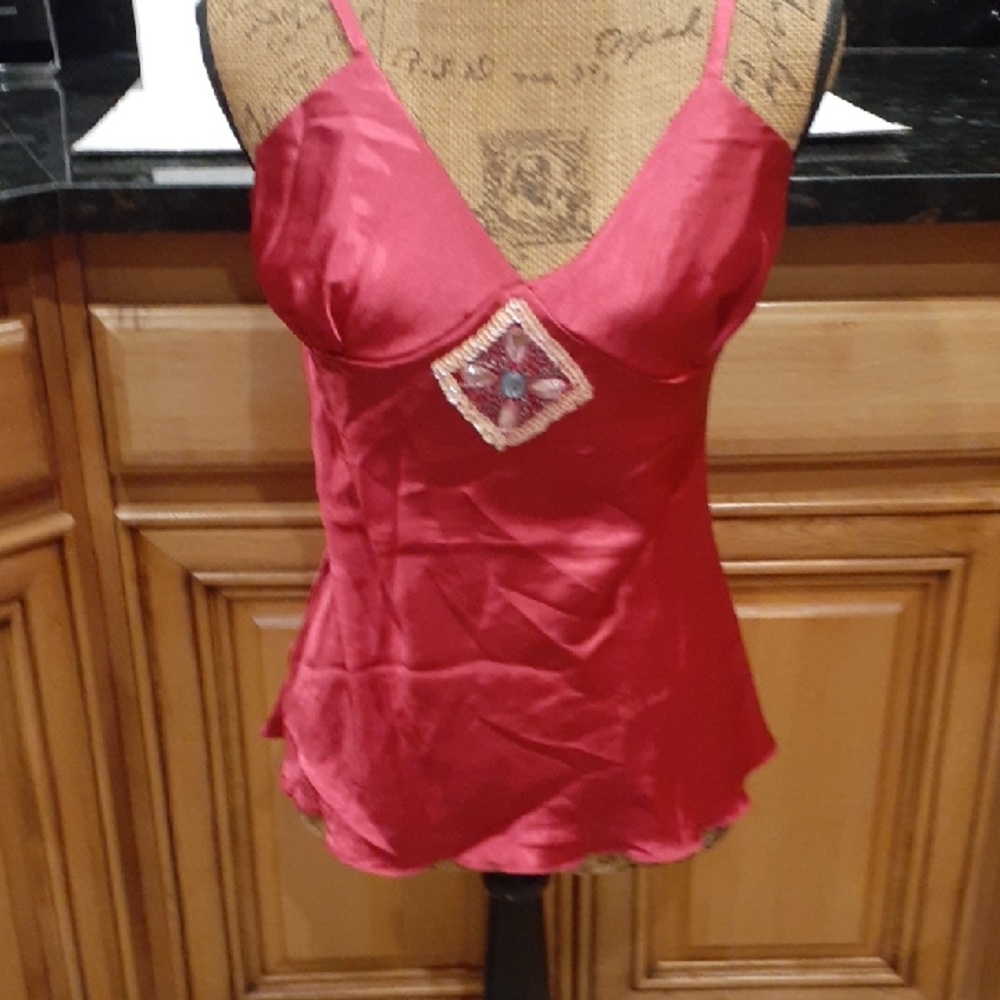 NWT  Hot Pink Satin Embellished Camisole Top Size LG.